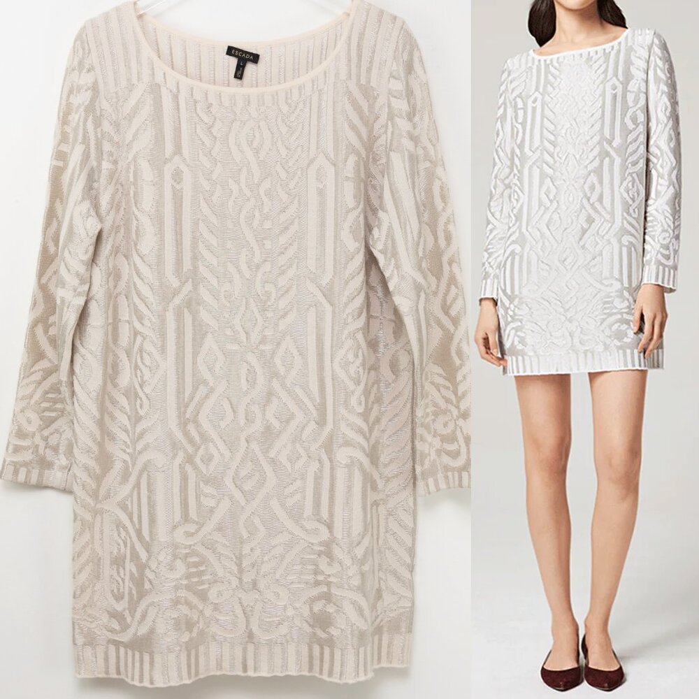 Escada Sowustar Sweater Dress Cable Shift Long Sleeve Metallic Cream Size Large
